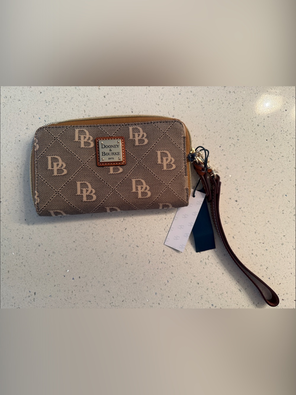Dooney & Bourke Taupe Signature Zip Wristlet with Leather Strap